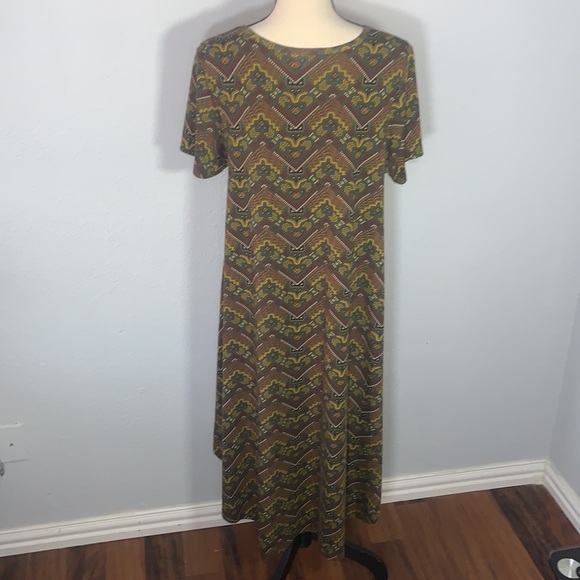 LuLaRoe Aztec Carly Green Yellow Tribal Stretch Swing Trapeze Dress Sz L - Picture 3 of 8